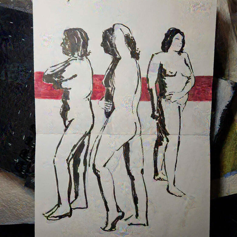figure drawing session, 2024, ink on paper sketchbook, 5x8"