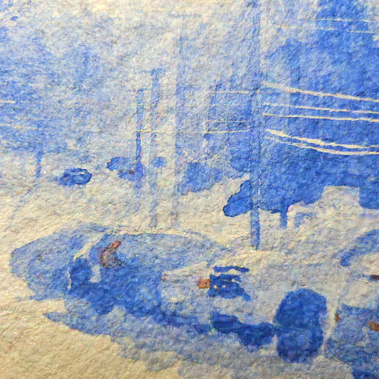 Warmth In Winter Detail, 2025, gouache on rough watercolor paper, on 8x8&quot; paper matted to 6x6&quot;