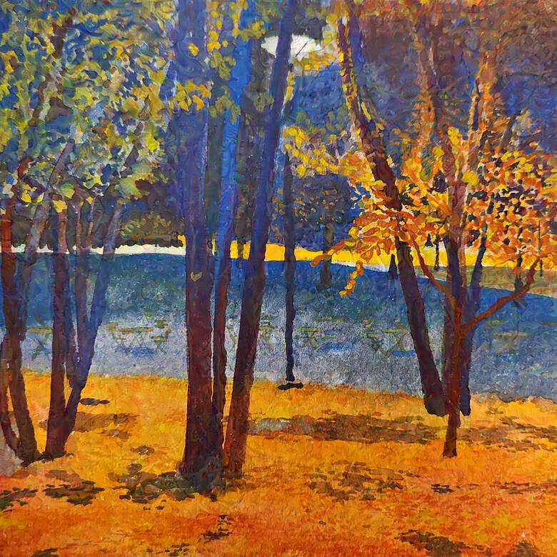 Commons at Night, 2024, gouache on rough watercolor paper, on 8x8&quot; paper matted to 6x6&quot;