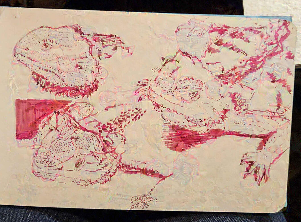 impromptu bearded dragon drawing curtesy of Nadia, 2025, fountain pen ink on paper, 5x8&quot;