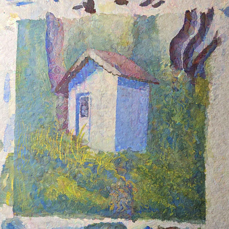 Hill Storage , 2024, gouache on rough watercolor paper, on 8x8" paper matted to 6x6"