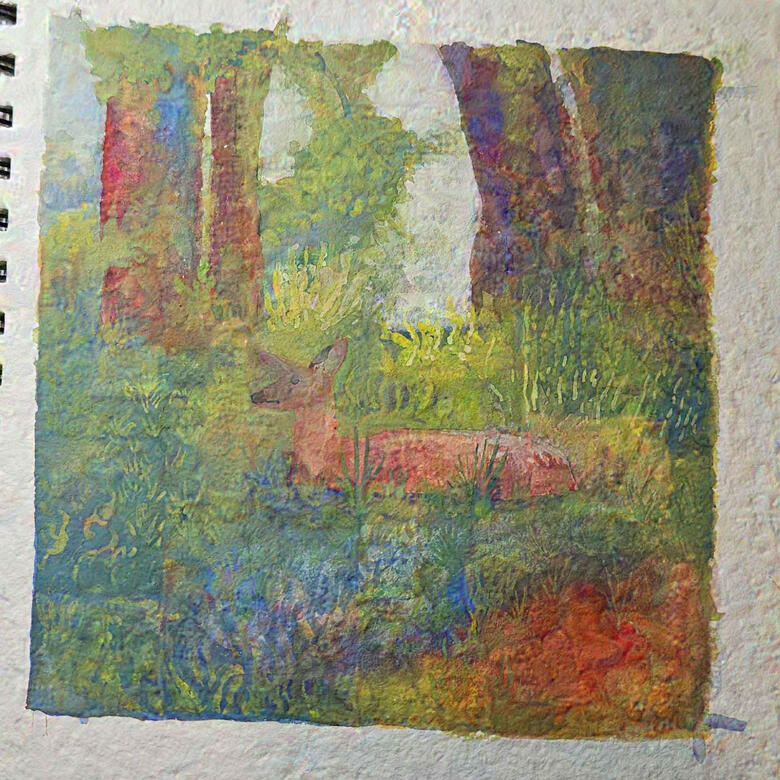 Radiant Patience (Overall), 2024, gouache on rough watercolor paper, on 8x8" paper matted to 6x6"