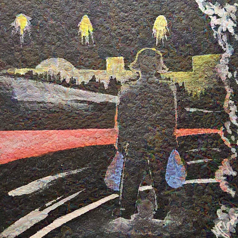 Greentree and Cochran, 2024, gouache on black watercolor paper, on 6x6&quot; paper for 5x5&quot; matte